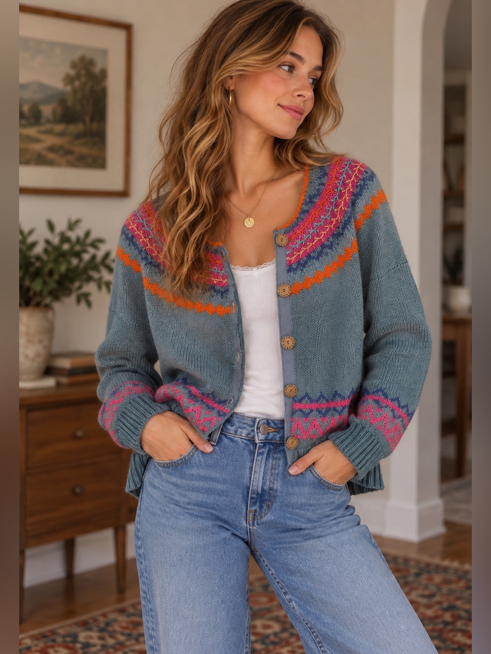 Sundance Wool Cashmere Angora Fair Isle Cardigan Sweater Women’s M Boho
